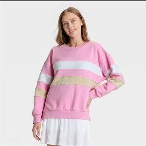 JoyLab Women's Striped Oversized French Terry Crewneck Sweatshirt Light Pink XS